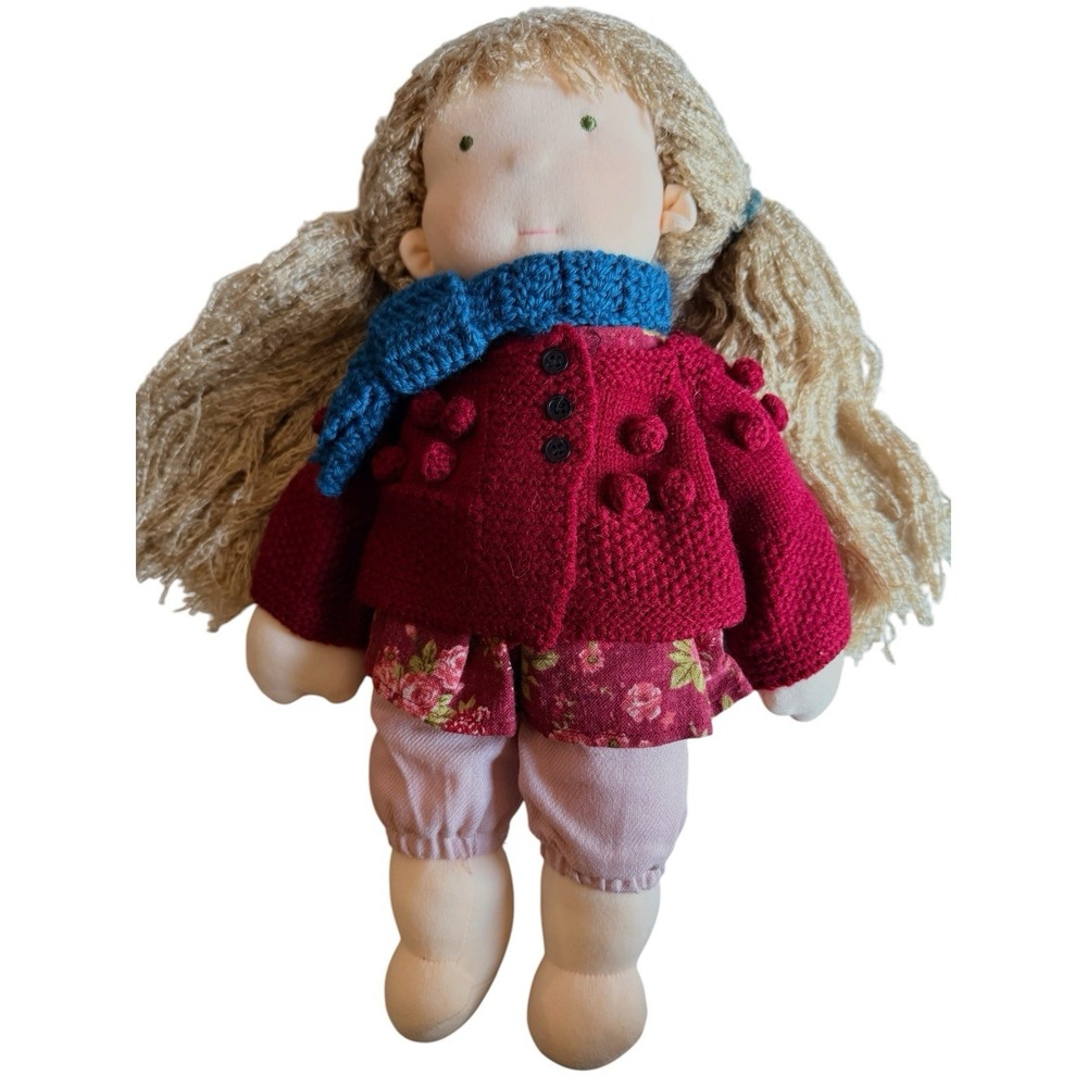 WALDORF CHIC 15" Handmade‎ Doll Blonde Pigtails Knit Cardigan Floral Dress Plush